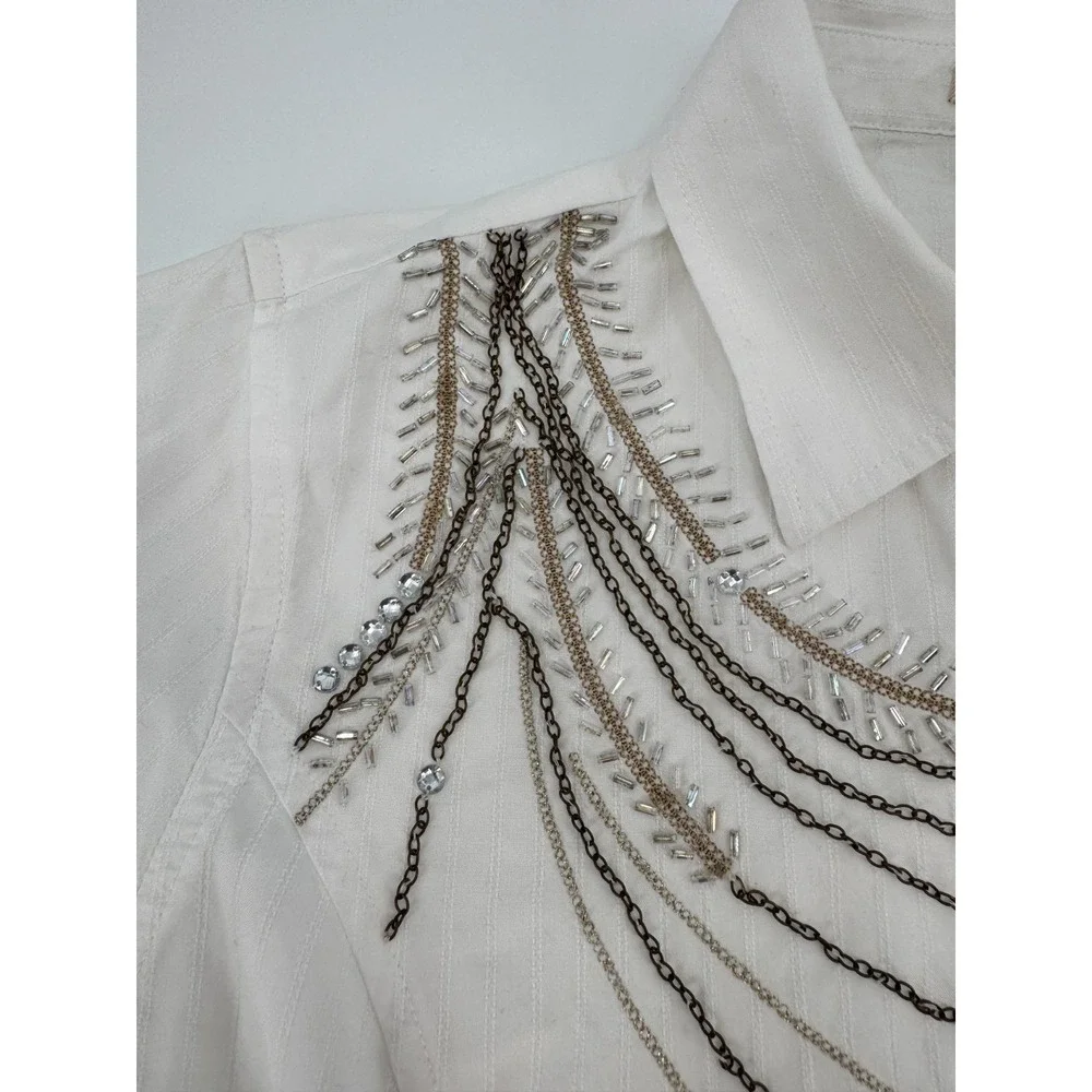 Y2K Reba Western Shirt Womens‎ Medium White Rhinestone Chain Cotton Pearl Snap